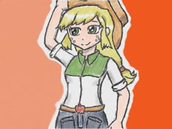 Size: 640x480 | Tagged: safe, artist:あすぐり, applejack, human, equestria girls, applejack's hat, clothes, cowboy hat, female, freckles, hat, humanized, raised arm, shirt, skirt, solo, traditional art