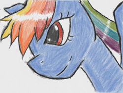 Size: 640x480 | Tagged: safe, artist:あすぐり, rainbow dash, pegasus, pony, bust, female, mare, portrait, simple background, smiling, solo, traditional art