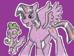 Size: 640x480 | Tagged: safe, alternate version, artist:あすぐり, spike, twilight sparkle, alicorn, dragon, pony, g4, duo, duo male and female, female, male, mare, open mouth, purple background, raised fist, simple background, spread wings, tail, traditional art, twilight sparkle (alicorn), wings