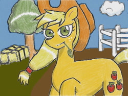 Size: 640x480 | Tagged: safe, artist:あすぐり, applejack, earth pony, pony, g4, applejack's hat, cloud, cowboy hat, digitally colored, female, fence, freckles, hat, hay bale, looking at you, mare, outdoors, solo, straw in mouth, traditional art, tree