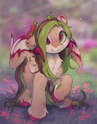 Size: 2960x3770 | Tagged: safe, artist:apple_nettle, oc, oc only, oc:helemaranth, pegasus, pony, chest fluff, colored hooves, colored pupils, cute, eye clipping through hair, high res, leaf, long hair, pale belly, raised hoof, red pupils, smiling, solo, standing, unshorn fetlocks