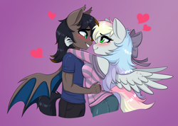Size: 2646x1884 | Tagged: safe, artist:tomi_ouo, oc, oc only, oc:black night, oc:blazey sketch, bat pony, pegasus, anthro, blue eyes, blushing, bow, breast squish, breasts, brown fur, clothes, couple, duo, female, green eyes, grey fur, hair bow, heart, hug, looking at each other, looking at someone, looking into each others eyes, male, mare, multicolored hair, oc x oc, off shoulder, off shoulder sweater, pink background, shipping, shirt, shorts, simple background, stallion, straight, sweater