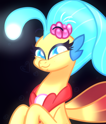Size: 3060x3600 | Tagged: safe, artist:iceflower99, princess skystar, seapony (g4), g4, my little pony: the movie, black background, blue eyes, blue mane, bubble, bust, cute, digital art, female, fin wings, fins, flower, flower in hair, freckles, glowing, glowing eyes, heart, high res, jewelry, looking at you, necklace, ocean, pearl, pearl necklace, red wings, simple background, smiling, smiling at you, solo, underwater, video at source, video in description, water, wings
