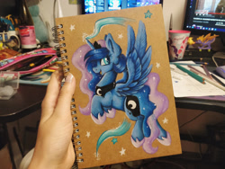 Size: 1920x1440 | Tagged: safe, artist:julunis14, princess luna, alicorn, pony, g4, colored pencil drawing, cute, glowing, glowing horn, horn, magic, notebook, sparkles, spread wings, traditional art, wings