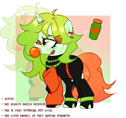 Size: 3072x2878 | Tagged: safe, artist:idkhesoff, oc, oc only, oc:soor ploom, pony, unicorn, bandaid, bandaid on nose, belt, bubblegum, clothes, ear piercing, earring, female, fingerless gloves, food, freckles, gloves, gritted teeth, gum, hairclip, high res, horn, horn ring, jewelry, mare, necklace, nose piercing, nose ring, pants, piercing, raised tail, reference sheet, ring, ripped stockings, shirt, socks, solo, stockings, sweatpants, tail, teeth, thigh highs, torn clothes, torn socks