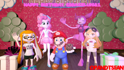 Size: 3840x2160 | Tagged: safe, artist:optimussparkle, pinkie pie, gem (race), human, inkling, equestria girls, g4, my little pony equestria girls: better together, 3d, black forest cake, cake, crossover, female, food, gem, geode of sugar bombs, gmod, group, happy birthday, high res, inkling girl, magical geodes, male, mario, meggy spletzer, quintet, smg4, source filmmaker, spinel, spinel (steven universe), splatoon, spoilers for another series, steven universe, steven universe: the movie, super mario bros.