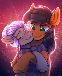 Size: 2286x2806 | Tagged: safe, artist:argigen, oc, oc only, oc:collider flarespark, oc:scrawl trance, earth pony, pony, clothes, duo, duo male, eyes closed, gay, glasses, green eyes, high res, hug, male, oc x oc, scarf, shared clothing, shared scarf, shipping, simple background, smiling, striped scarf