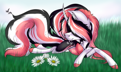 Size: 2468x1471 | Tagged: safe, artist:beamybutt, oc, oc only, pony, unicorn, colored hooves, ear fluff, flower, hair over eyes, horn, lying down, prone, solo, unicorn oc