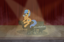 Size: 3426x2284 | Tagged: safe, artist:dolenore, oc, oc only, oc:da capo aria, earth pony, pony, earth pony oc, high res, lounge, microphone, musical instrument, piano, singing, solo, spotlight, stage
