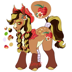 Size: 1920x1920 | Tagged: safe, artist:mintyo0s, applejack, earth pony, pony, g4, bandage, braid, female, flower, flower in hair, hat, mare, redesign, simple background, solo, story included, tail, tail wrap, transparent background