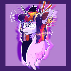 Size: 1920x1920 | Tagged: safe, artist:mintyo0s, twilight sparkle, alicorn, pony, g4, :i, abstract background, bust, female, glasses, hairpin, mare, redesign, solo, twilight sparkle (alicorn)