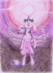 Size: 1220x1680 | Tagged: safe, artist:thespectral-wolf, twilight sparkle, alicorn, pony, g4, bipedal, female, glowing, glowing eyes, solo, traditional art, twilight sparkle (alicorn)
