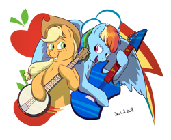 Size: 1367x1122 | Tagged: safe, artist:thespectral-wolf, applejack, rainbow dash, earth pony, pegasus, pony, g4, banjo, cutie mark background, duo, female, guitar, musical instrument, simple background, spread wings, transparent background