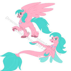 Size: 2449x2449 | Tagged: safe, artist:dracocrochet, oc, oc only, classical hippogriff, hippogriff, seapony (g4), claws, deviantart watermark, female, fin wings, fins, fish tail, green eyes, green mane, high res, hippogriff oc, jewelry, mare, necklace, obtrusive watermark, open mouth, simple background, smiling, solo, spread wings, tail, transparent background, watermark, wings