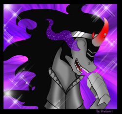 Size: 762x709 | Tagged: safe, artist:binikastar, king sombra, pony, unicorn, g4, 2012, abstract background, bust, curved horn, hoof shoes, horn, male, old art, raised hoof, solo, sombra eyes, stallion
