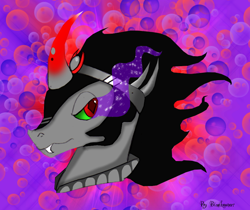 Size: 800x673 | Tagged: safe, artist:binikastar, king sombra, pony, unicorn, g4, abstract background, bust, curved horn, fangs, horn, male, solo, sombra eyes, stallion