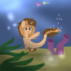 Size: 2449x2449 | Tagged: safe, artist:chocolateswirlyt, oc, oc only, seapony (g4), unicorn, brown mane, bubble, coral, dorsal fin, female, fish tail, flowing tail, high res, horn, ocean, open mouth, seaponified, seaweed, smiling, solo, species swap, swimming, tail, underwater, water