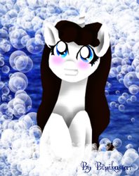 Size: 600x758 | Tagged: safe, artist:binikastar, oc, oc only, pony, unicorn, abstract background, blushing, bubble, bust, female, grin, horn, mare, smiling, solo, unicorn oc