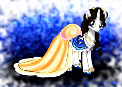 Size: 600x430 | Tagged: safe, artist:binikastar, oc, oc only, pony, unicorn, abstract background, clothes, dress, female, horn, jewelry, mare, necklace, pearl necklace, smiling, solo, unicorn oc