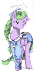 Size: 600x1254 | Tagged: safe, artist:binikastar, oc, oc only, oc:serenity, pegasus, pony, bow, braid, female, hair bow, mare, pegasus oc, raised hoof, simple background, solo, story included, white background, wings