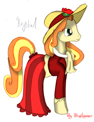 Size: 600x779 | Tagged: safe, artist:binikastar, oc, oc only, earth pony, pony, clothes, dress, earth pony oc, female, hat, mare, simple background, smiling, solo, story included, sun hat, white background