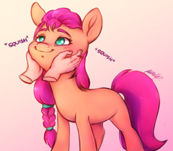 Size: 2193x1914 | Tagged: safe, alternate character, alternate version, artist:buttersprinkle, part of a set, sunny starscout, earth pony, human, pony, g5, my little pony: a new generation, blushing, buttersprinkle is trying to murder us, cute, disembodied hand, female, gradient background, hand, mare, no pupils, offscreen character, offscreen human, solo focus, squeezing, squishy, squishy cheeks, sunnybetes