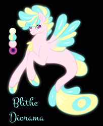 Size: 2212x2711 | Tagged: safe, artist:microwaved-box, oc, oc only, oc:blithe diorama, hybrid, seapony (g4), black background, cute, dorsal fin, eyebrows, eyebrows visible through hair, fin wings, fins, fish tail, flowing tail, high res, interspecies offspring, magical lesbian spawn, male, ocbetes, offspring, parent:pinkie pie, parent:princess skystar, parents:skypie, purple eyes, simple background, smiling, solo, tail, wings