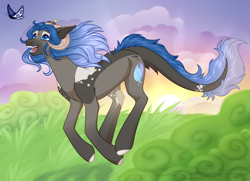 Size: 2000x1450 | Tagged: safe, artist:purplegrim40, oc, oc only, butterfly, pony, colored hooves, grass, horns, running