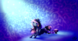 Size: 3000x1600 | Tagged: safe, artist:prettyshinegp, oc, oc only, earth pony, pony, abstract background, clothes, commission, earth pony oc, female, looking up, lying down, mare, prone, signature, socks, solo, striped socks, ych result