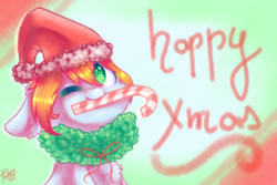 Size: 3000x2000 | Tagged: safe, artist:prettyshinegp, oc, oc only, earth pony, pony, abstract background, candy, candy cane, christmas, christmas wreath, earth pony oc, female, floppy ears, food, high res, holiday, mare, merry christmas, one eye closed, signature, solo, wink, wreath