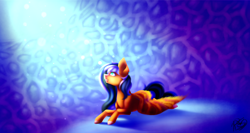 Size: 3000x1600 | Tagged: safe, artist:prettyshinegp, oc, oc only, pegasus, pony, abstract background, commission, female, looking up, mare, pegasus oc, signature, smiling, solo, wings, ych result
