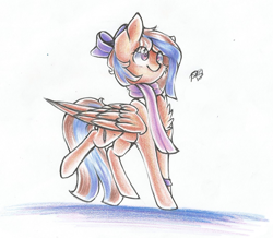 Size: 1049x914 | Tagged: safe, artist:prettyshinegp, oc, oc only, pegasus, pony, bow, chest fluff, clothes, female, hair bow, mare, pegasus oc, scarf, signature, simple background, smiling, solo, traditional art, white background