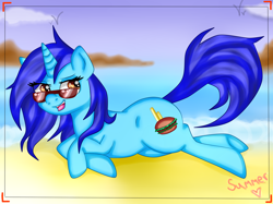 Size: 1368x1023 | Tagged: safe, artist:lelka-philka, oc, oc only, pony, unicorn, beach, female, horn, solo, sunglasses, unicorn oc, water