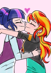 Size: 504x720 | Tagged: safe, artist:lelka-philka, sci-twi, sunset shimmer, twilight sparkle, human, equestria girls, g4, duo, eyes closed, female, heart, hug, human coloration, lesbian, ship:sci-twishimmer, ship:sunsetsparkle, shipping, simple background
