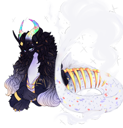 Size: 1924x2004 | Tagged: safe, artist:razi-hell, oc, oc only, draconequus, hybrid, original species, seapony (g4), black mane, curved horn, dorsal fin, female, fish tail, flowing tail, horn, horns, lying down, simple background, solo, sparkles, tail, transparent background