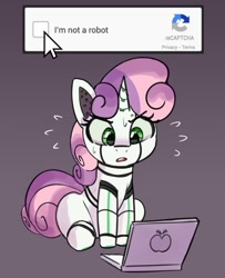 Size: 974x1200 | Tagged: safe, artist:pabbley, sweetie belle, pony, robot, robot pony, unicorn, captcha, colored sketch, computer, confused, eye clipping through hair, eyebrows, eyebrows visible through hair, eyelashes, gradient background, laptop computer, mouse cursor, open mouth, sitting, solo, sweetie bot