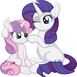 Size: 7701x7713 | Tagged: safe, artist:cyanlightning, rarity, sweetie belle, pony, unicorn, .svg available, absurd resolution, boop, cute, duo, duo female, female, filly, foal, mare, one eye closed, siblings, simple background, sisters, sitting, transparent background, vector, wink