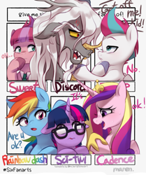 Size: 1715x2048 | Tagged: safe, artist:maren, discord, princess cadance, rainbow dash, sci-twi, sweets (g5), twilight sparkle, zipp storm, alicorn, draconequus, earth pony, pegasus, pony, unicorn, equestria girls, g5, spoiler:g5comic, cross-popping veins, crown, dialogue, equestria girls ponified, female, glasses, hoof shoes, jewelry, looking up, male, mare, necktie, nervous, no, old man discord, ponified, regalia, scared, six fanarts, sweat, touching, unicorn sci-twi, unshorn fetlocks