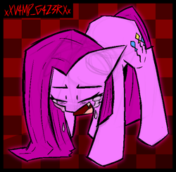 Size: 1136x1108 | Tagged: safe, artist:xxv4mp_g4z3rxx, pinkie pie, earth pony, pony, g4, checkered background, crying, eyes closed, fangs, female, mare, open mouth, pink coat, pink mane, pink tail, pinkamena diane pie, solo, tail