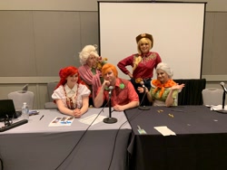 Size: 2048x1536 | Tagged: safe, artist:maddymoiselle, artist:mieucosplay, artist:sarahndipity cosplay, artist:shelbeanie, artist:shieldhorsecosplay, apple bloom, applejack, big macintosh, goldie delicious, granny smith, human, g4, apple family, babscon, babscon 2019, clothes, cosplay, costume, irl, irl human, photo