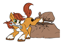 Size: 1280x938 | Tagged: safe, artist:starponys87, artist:tsitra360, oc, oc only, oc:gearheart, oc:ronnie gearheart, asperger's syndrome, autism, autism spectrum disorder, brown fur, brown hair, bucking, gears, hazel eyes, kicking, mechanic, piebald coat, red hair, simple background, smashing, solo, unshorn fetlocks, white background, wrench