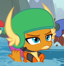 Size: 704x722 | Tagged: safe, screencap, sandbar, smolder, yona, dragon, earth pony, pony, yak, g4, non-compete clause, cropped, dragoness, female, helmet, smolder is not amused, solo focus, unamused