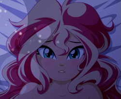 Size: 1057x865 | Tagged: safe, artist:rosemile mulberry, edit, sunset shimmer, human, equestria girls, g4, adorable face, adorasexy, beautiful, beautiful eyes, beautisexy, bed, blushing, cropped, cute, female, implied nudity, lidded eyes, looking, looking at you, messy hair, night, offscreen character, pov, questionable source, sexy, sheet, solo, sparkles, stupid sexy sunset shimmer