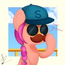 Size: 2000x2000 | Tagged: safe, artist:daftramms, sunny starscout, earth pony, pony, g5, my bananas, my little pony: tell your tale, spoiler:g5, spoiler:my little pony: tell your tale, spoiler:tyts01e21, baseball cap, braid, cap, cute, disguise, fake moustache, female, glasses, hat, high res, mare, paper-thin disguise, signature, solo, sunglasses, sunnybetes