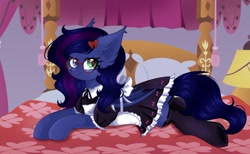 Size: 1202x741 | Tagged: safe, artist:arllistar, oc, oc only, oc:shadow twinkle, bat pony, pony, bat pony oc, bed, bow, clothes, crossdressing, ear fluff, femboy, glasses, hair bow, heterochromia, looking at you, lying down, maid, male, on bed, prone, round glasses, smiling, smiling at you, solo, stallion