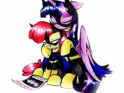 Size: 2922x2207 | Tagged: safe, artist:liaaqila, apple bloom, twilight sparkle, alicorn, earth pony, pony, g4, barbara gordon, batgirl, clothes, comforting, costume, crying, dc comics, duo, duo female, eyebrows, eyebrows visible through hair, eyes closed, female, filly, foal, frown, high res, mare, partially open wings, sad, simple background, sitting, tara strong, teeth, traditional art, twilight sparkle (alicorn), voice actor joke, white background, wings