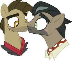 Size: 1889x1587 | Tagged: safe, artist:taaffeiite, biff, doctor caballeron, earth pony, pony, g4, biffalleron, blushing, boop, bust, cabiff, duo, duo male, gay, henchmen, looking at each other, looking at someone, male, missing accessory, nose to nose, noseboop, scene interpretation, shipping, simple background, stallion, transparent background