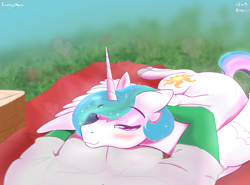 Size: 3000x2216 | Tagged: safe, artist:enonnnymous, princess celestia, oc, oc:anon, alicorn, human, pony, series:anon loves celestia, g4, /sun/, bags under eyes, basket, blanket, blushing, clothes, cute, cutelestia, female, grass, heart, heart eyes, high res, hug, human on pony snuggling, looking at you, love, male, mare, offscreen character, picnic, pov, romantic, shirt, sleepy, snuggling, wingding eyes, winghug, wings