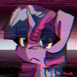 Size: 600x600 | Tagged: safe, artist:provolonepone, twilight sparkle, pony, unicorn, g4, error, female, glitch, glitch art, mare, retro, solo, unamused, unicorn twilight, vhs