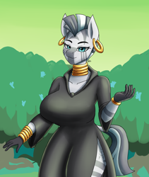 Size: 1600x1900 | Tagged: safe, artist:zachc, zecora, zebra, anthro, g4, bracelet, breasts, busty zecora, clothes, dress, ear piercing, earring, everfree forest, female, jewelry, looking at you, neck rings, piercing, solo